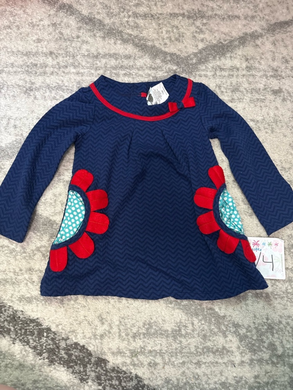 Rare Editions Navy blue Dress with Red Floral Appliqué pockets girls size 4